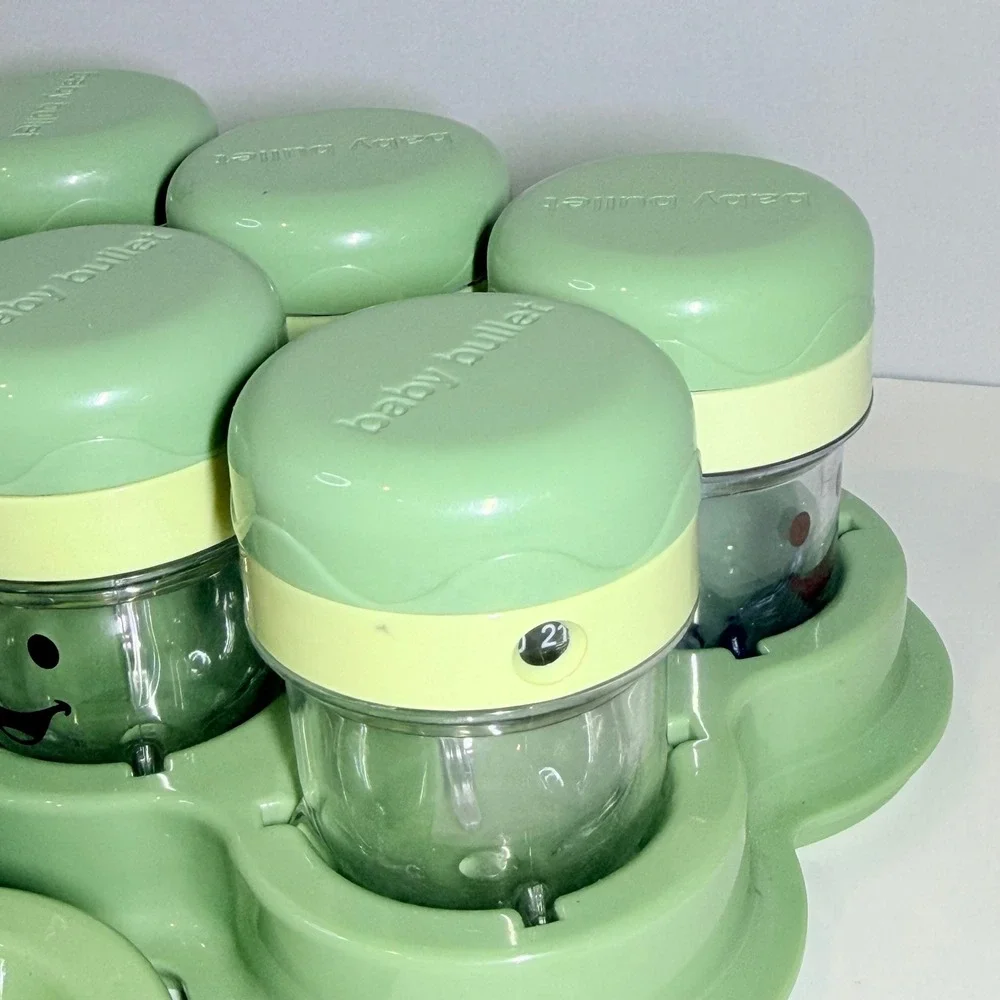 Baby Bullet Storage System 12 Date Dial Cups 2 Trays 2 Short Cups Green Clear
